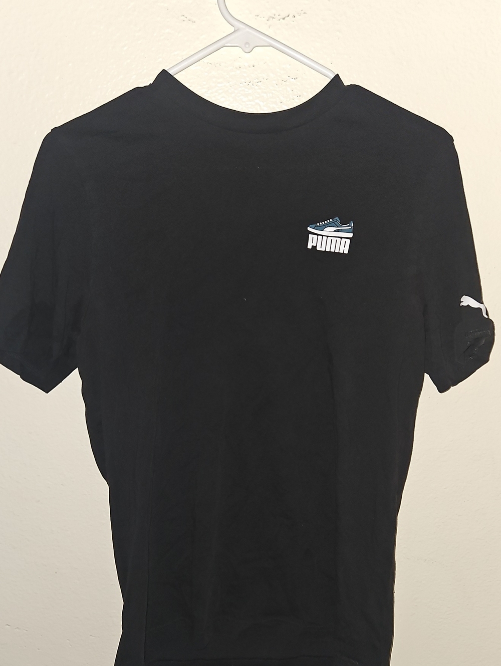 Puma Black T-Shirt with Small Blue Sneaker Logo